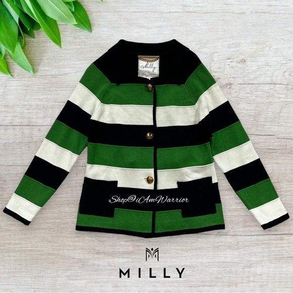 Milly NWT rare emerald, navy & off white striped cotton-silk cardigan/jacket - Picture 3 of 8